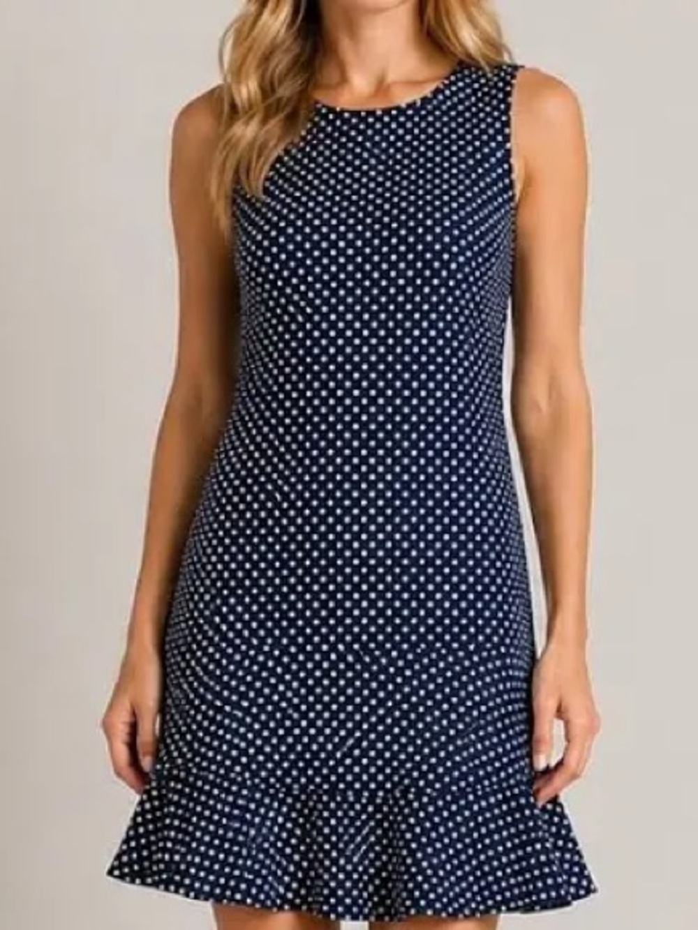 Bailey/44 Sleeveless Blue and White Polka Dot Dress with Ruffle Hem Sz 10